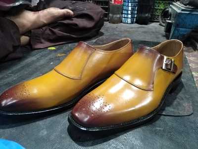 Western Style Two Tone Single Monk Strap Shoes, Hand Stitch Brogue Genuine Leather Occasional Shoes
