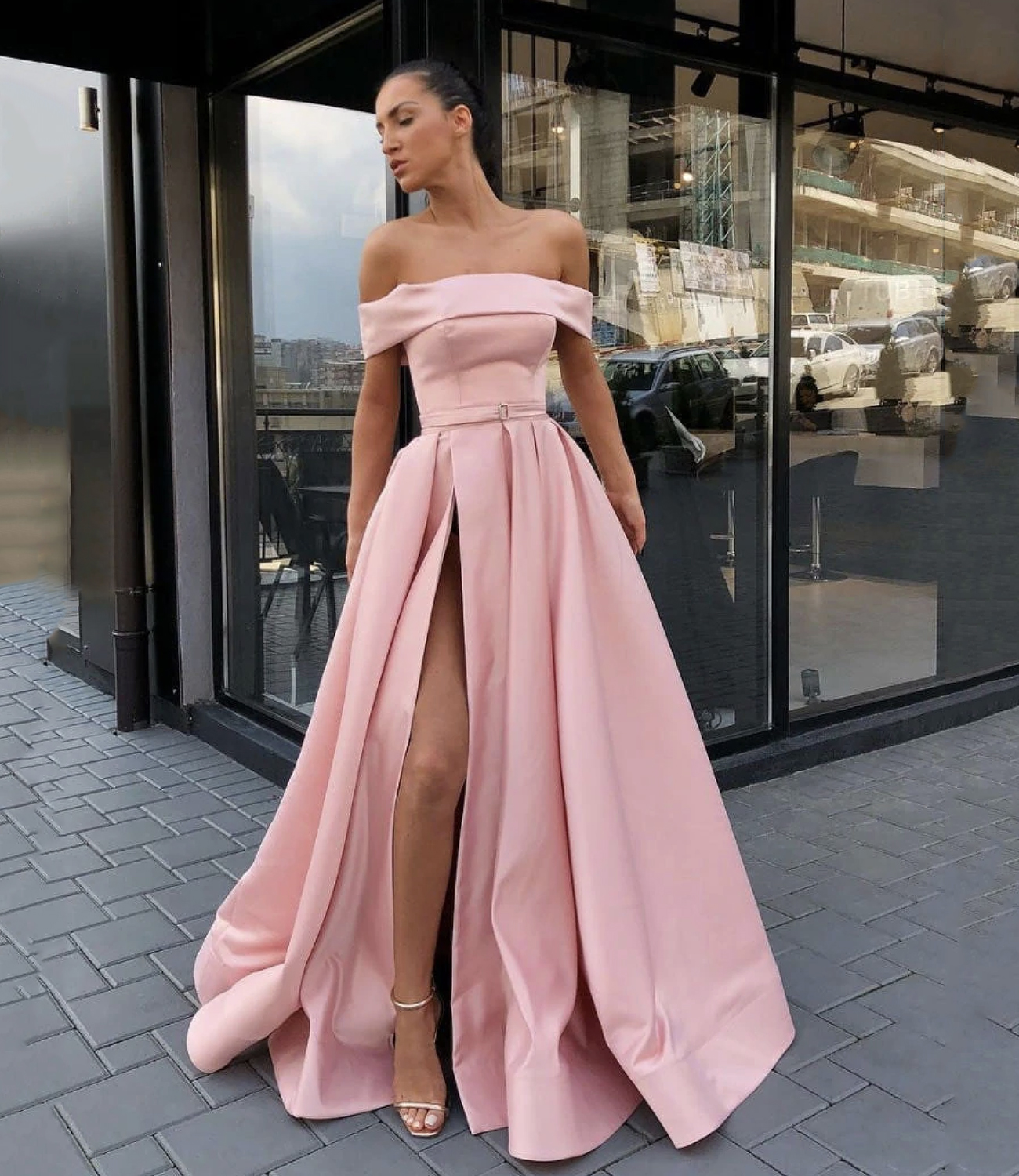 Pink satin long prom dress A line evening dress