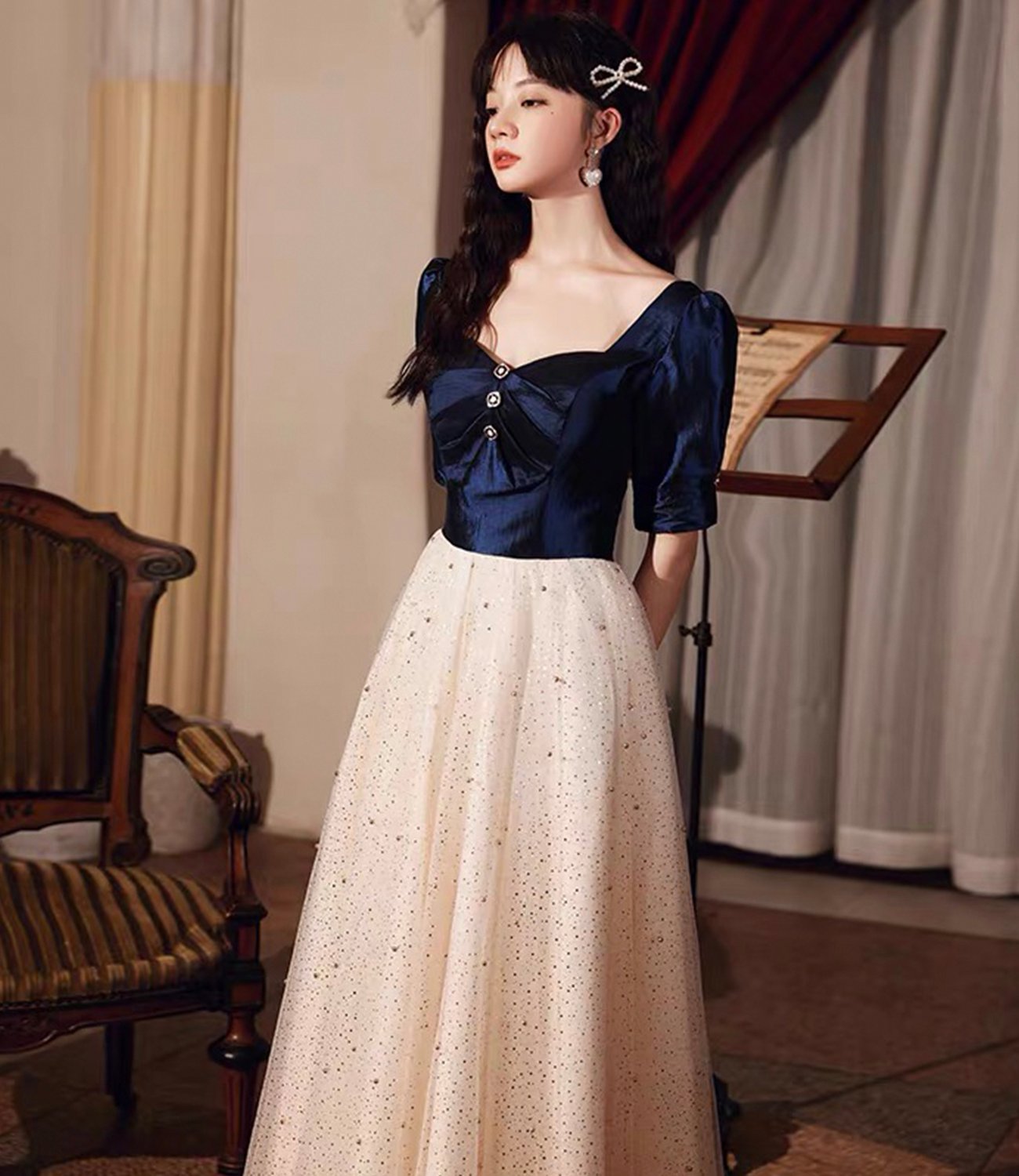 Blue tulle long A line prom dress blue evening dress