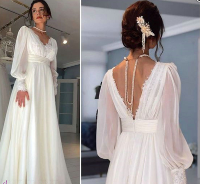 Long Sleeve Boho Wedding Dress,V Back Bridal Dresses,Chiffon Wedding Gowns,1385