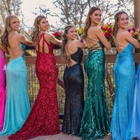 Sexy Mermaid One Shoulder Red Sequins Long Prom Dresses with Side Slit - Thumbnail 2