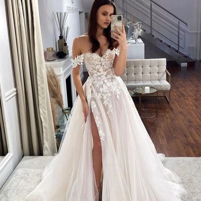 Elegant a-line off the shoulder tulle wedding dresses with side slit - Thumbnail 1