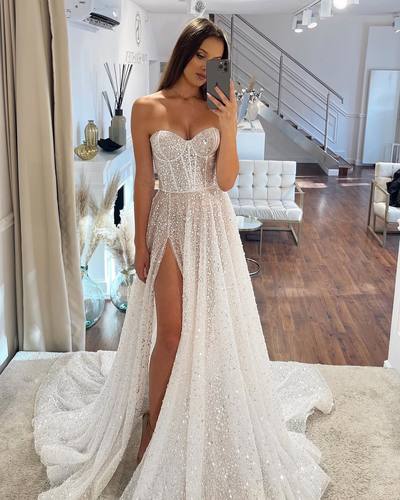 Stunning A-Line Sweetheart Sequins Wedding Dresses with Side Slit