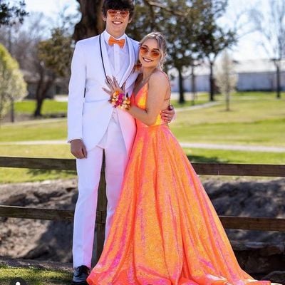 Gorgeous ball gown v neck straps orange sequins long prom dresses with beading - Thumbnail 3