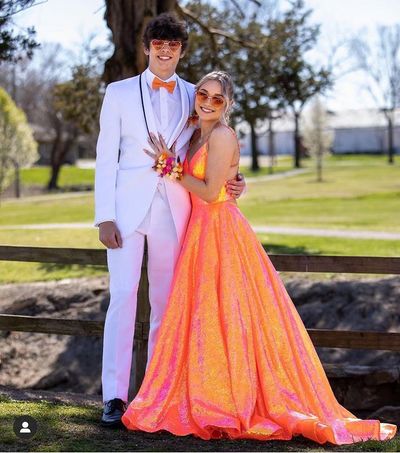 Gorgeous Ball Gown V Neck Straps Orange Sequins Long Prom Dresses with Beading