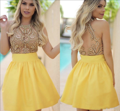 High Neck Yellow Homecoming Dresses with Rhinestones