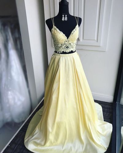 Two Piece Yellow Prom Dress with Lace Top,1401