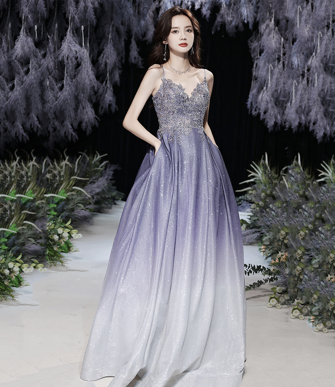 Purple lace sequins long prom dress A line evening gown