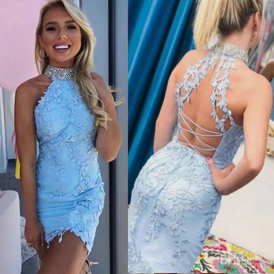 Sky Blue Homecoming Dresses High Neck