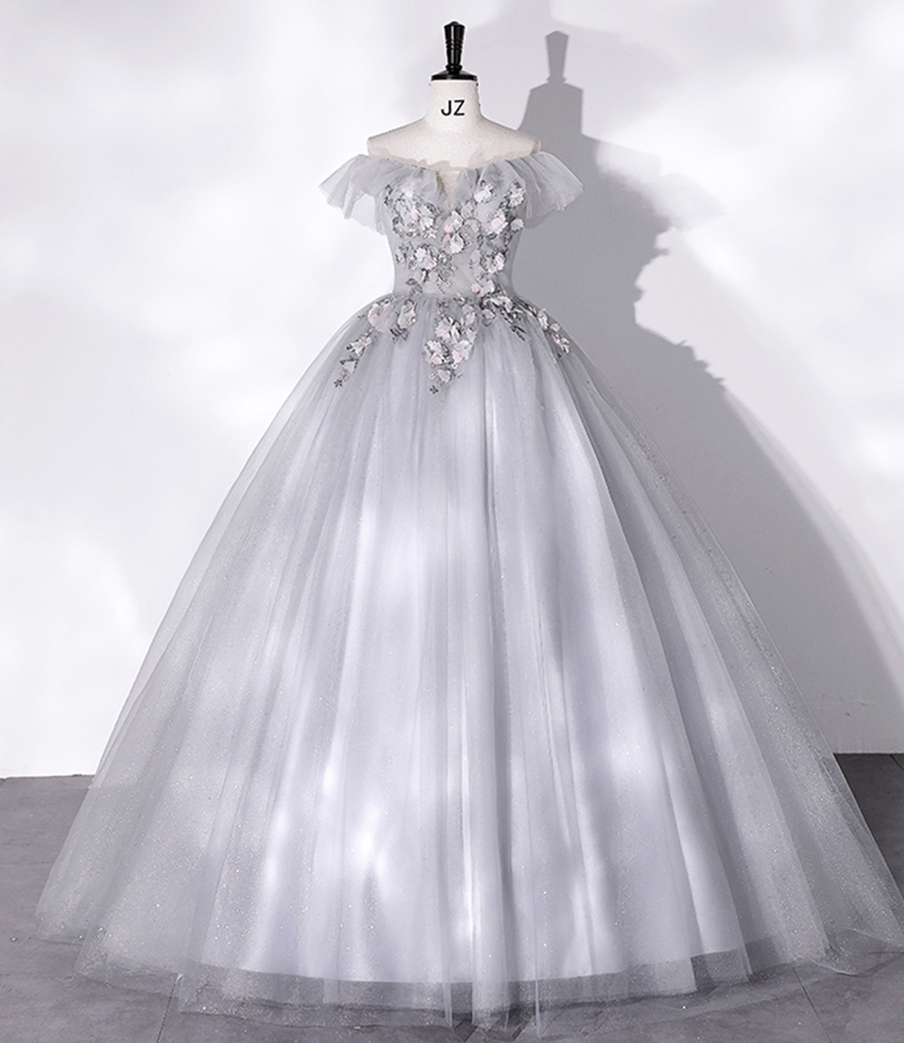 Gray tulle lace long prom dress formal gown