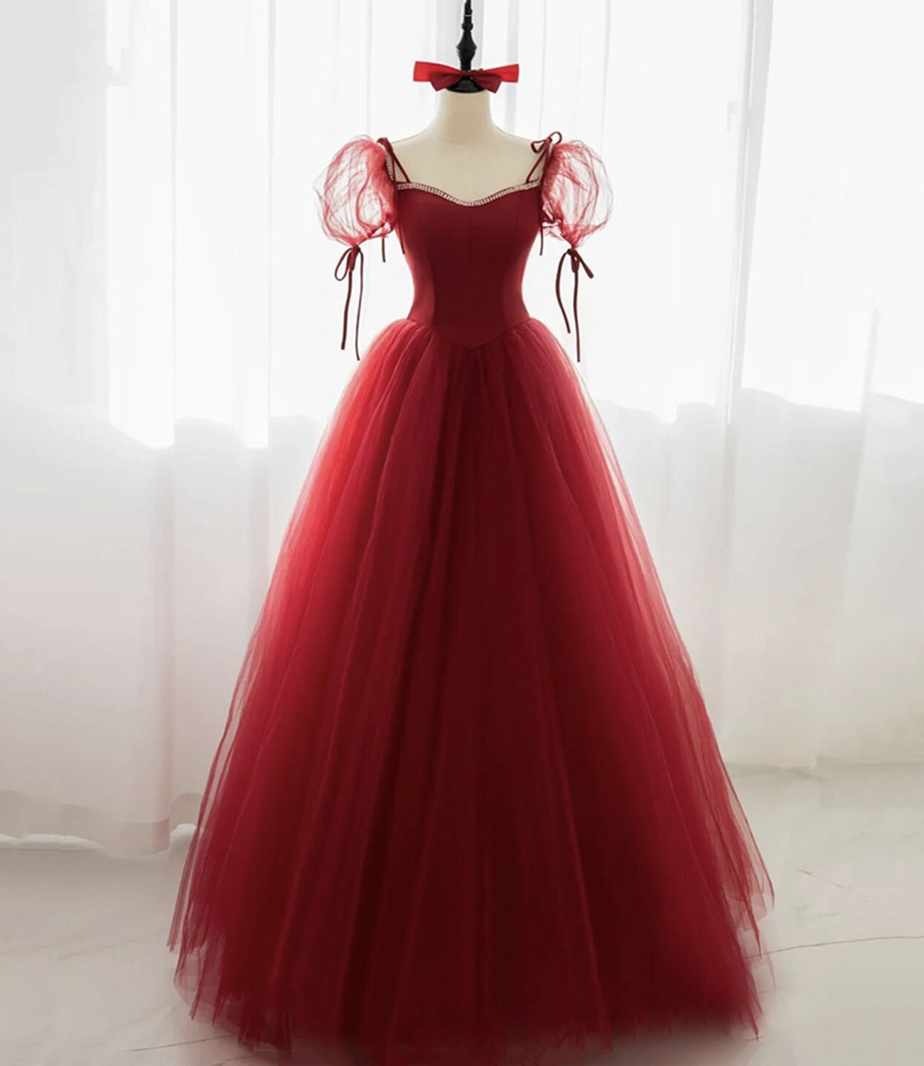 Red tulle beads long prom dress red evening dress