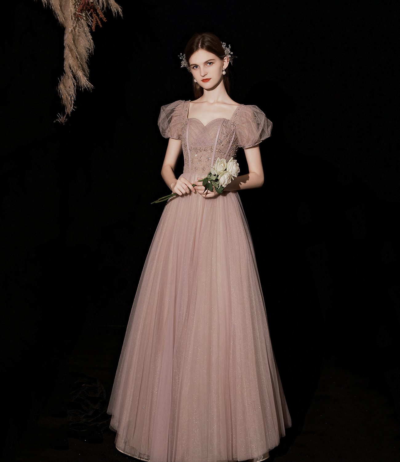 Stylish tulle sequins long prom dress A line evening dress