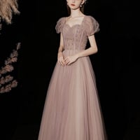 Stylish tulle sequins long prom dress A line evening dress - Thumbnail 1