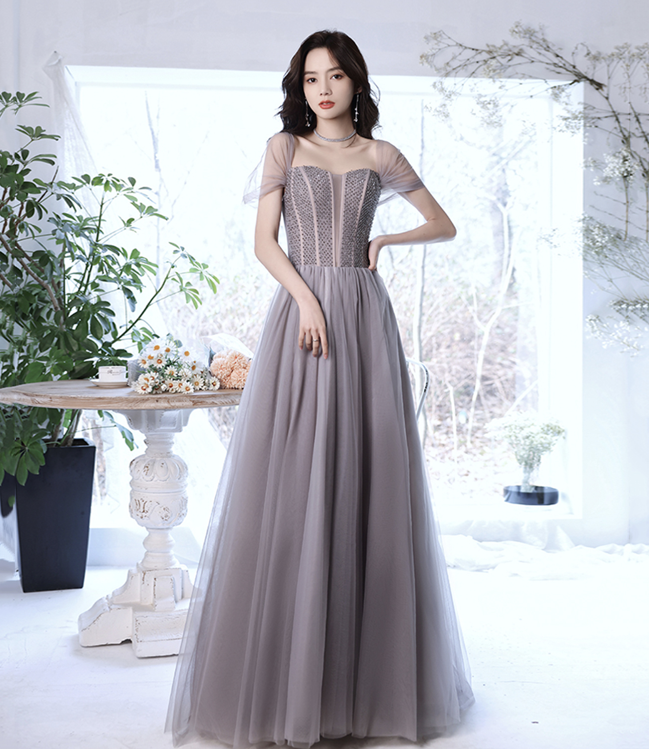 Gray tulle beads long prom dress A line evening dress