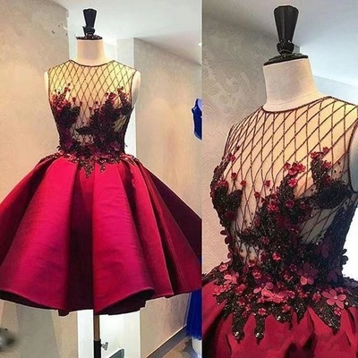 Sheer Neck Burgundy Homecoming Dresses with 3D Flowers