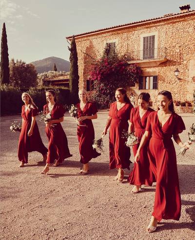 Romantic V Neck Rust Red Ruffled Sleeves Bridesmaid Dresses