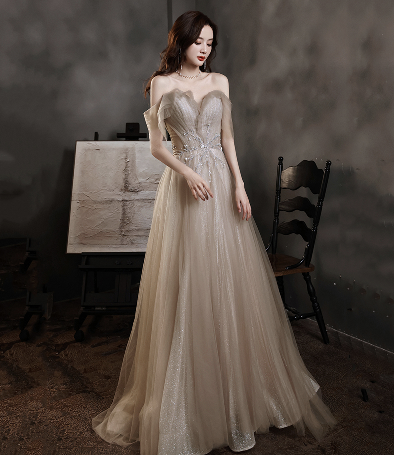 Stylish tulle long prom dress A line evening gown