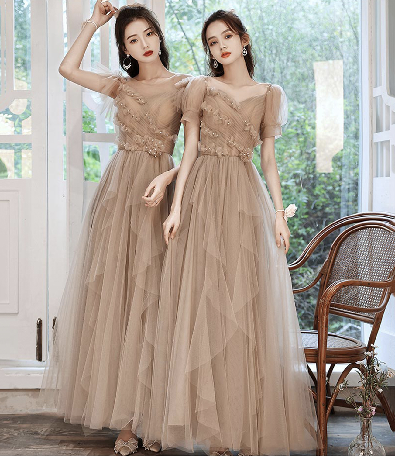 Cute tulle long prom dress A line evening dress