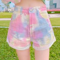 Pastel Color Gradient Curling Denim Shorts - Thumbnail 1