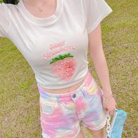 Pastel Color Gradient Curling Denim Shorts - Thumbnail 3
