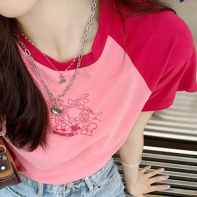Anime Girls Rose Red Color Block Patchwork Tee
