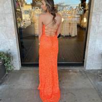 Cute Sheath Scoop Neck Straps Orange Sequins Prom Dresses with Slit - Thumbnail 1