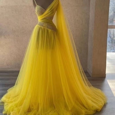 Yellow prom dresses tulle with watteau - Thumbnail 3