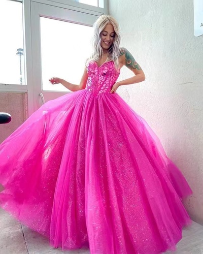 Sparkly Fuchsia Prom Dresses with Rhinestones