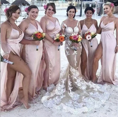 Spaghetti Straps Bridesmaid Dresses Slit Side