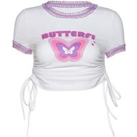 Pastel Color Butterfly Print Lace Drawstring Cross Crop Top - Thumbnail 3