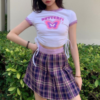 Pastel Color Butterfly Print Lace Drawstring Cross Crop Top - Thumbnail 4