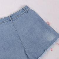 Sweet Kitty Cat Heart Embroidery Pastel Pink Cross Lace Denim Shorts - Thumbnail 2