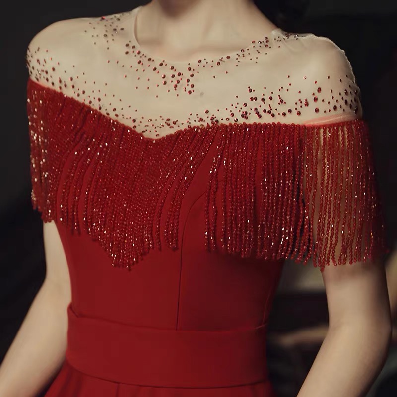 Burgundy beads long A line prom dress evening dress