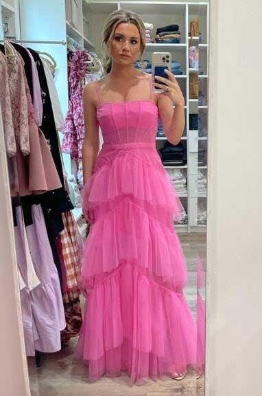 A Line Hot Pink Prom Dresses Long Evening Gowns