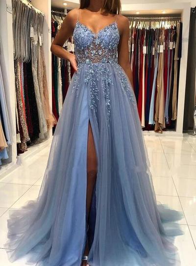 A Line V Neck Gray Long Prom Dresses With Beading