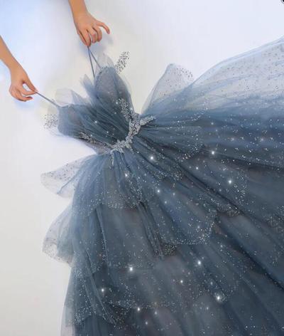 Charming Blue tulle long ball gown formal dress