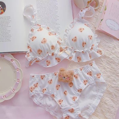 Teddy Bear Push Up Bra + Panty Set Underwear Lingerie Bralette Summer Aesthetic Casual E-Girl Kawaii Korean Japanese Harajuku