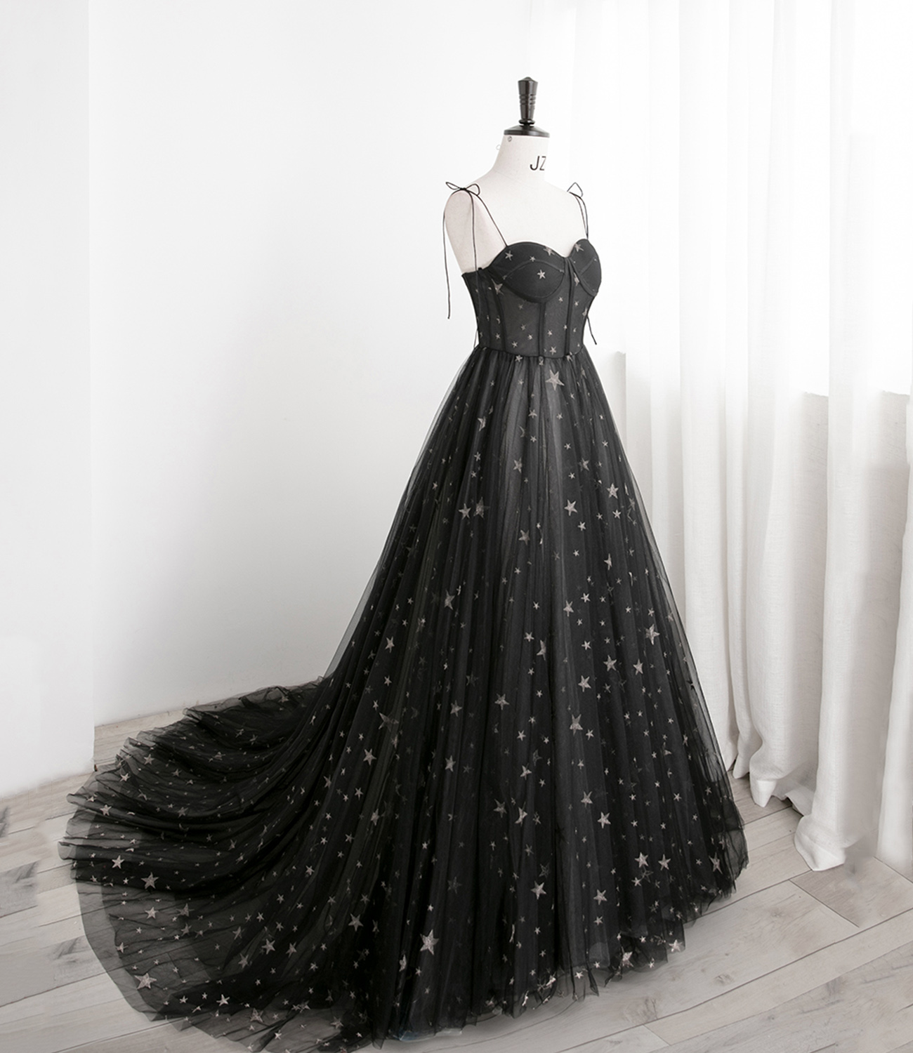 Black tulle long prom dress A line evening dress