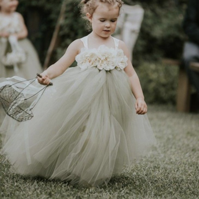Light Sage Flower Girl Dresses with Handmade Flowers