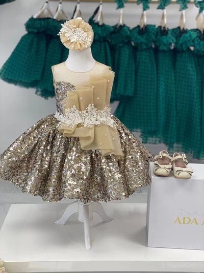 Gold Flower Girl Dresses Sheer Neck