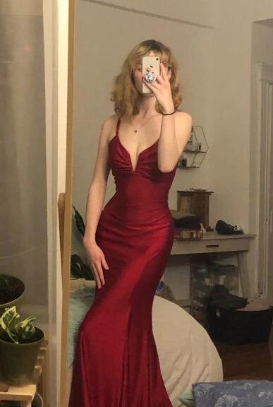 Mermaid Spaghetti Straps Wine Red Long Prom Dress