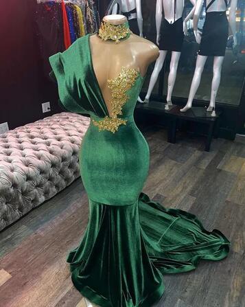 Mermaid Green Velvet Long Prom Evening Dresses