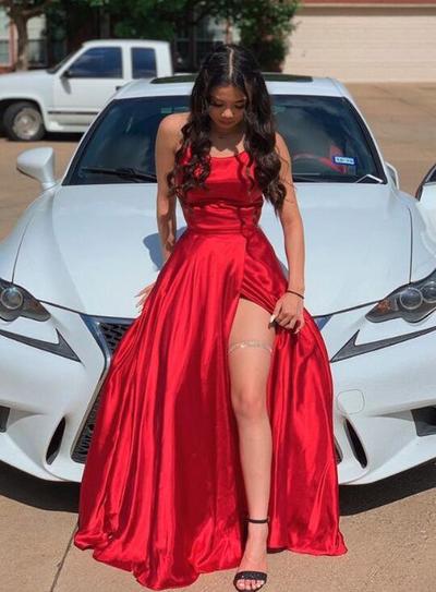 Floor Length Red Satin Long Prom Gown with Slit
