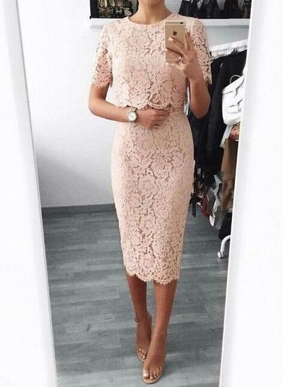 Elegant Two Piece Lace Pink Tea Length Formal Dresses