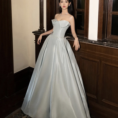 Blue satin long prom dress blue evening dress - Thumbnail 3