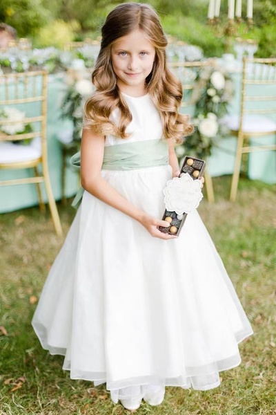 Floor Length Flower Girl Dresses with Sage Sash