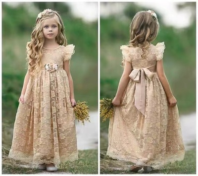 Champagne Lace Flower Girl Dresses Cap Sleeves