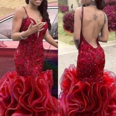 Luxury burgundy prom dresses with lace beaded - Thumbnail 3