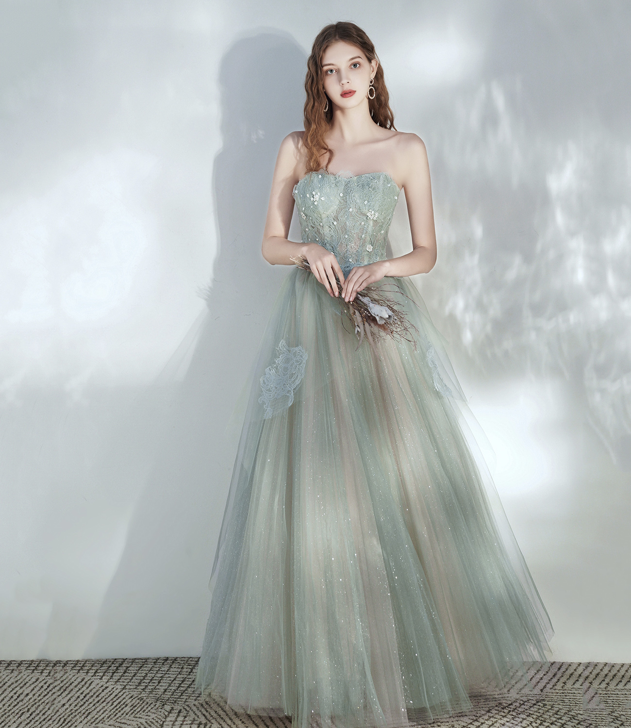 Green tulle lace long prom dress A line evening dress