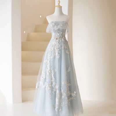 Blue tulle lace prom dress a line evening dress - Thumbnail 1